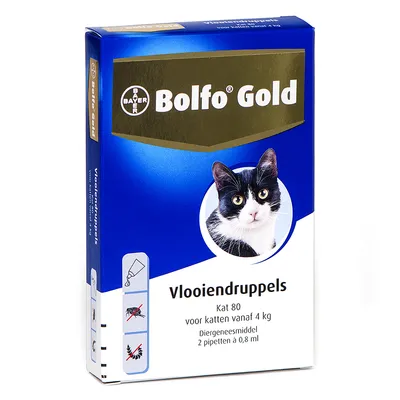 Bolfo Gold Vlooien­druppels Kat 80, voor katten vanaf 4 kg, diergeneesmiddel, 2 pipetten à 0,8 ml. Afbeelding van een kat op de verpakking.