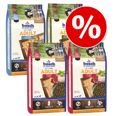 Bosch Adult hrană pentru câini de la 12 luni, sortimente: pește și cartofi, pasăre, miel și orez. Simbol de reducere cu semn procent.