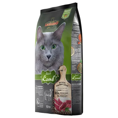 Leonardo Cat Food Adult Lamb -kuivaruokapakkaus, 15 kg. Pakkauksessa harmaa kissa, teksti: 'Mit extra frischem Lamm', proteiinilähde 85 % eläinperäinen, 15 % kasviperäinen.