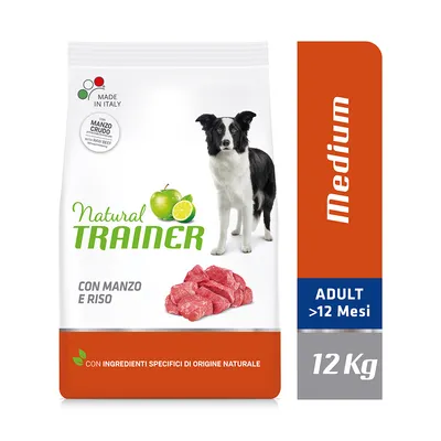 Natural Trainer Medium ADULT >12 Mesi, 12 kg. Con manzo e riso. S obrázkem psa, hovězího masa, jablka a limetky. Made in Italy. Con ingredienti specifici di origine naturale.