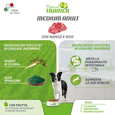 Natural Trainer Medium Adult con manzo e riso. Ingredienser: radice di cicoria, alga spirulina. Con frutta. Senza coloranti, conservanti, zuccheri aggiunti. Made in Italy. Tekst på italiensk.