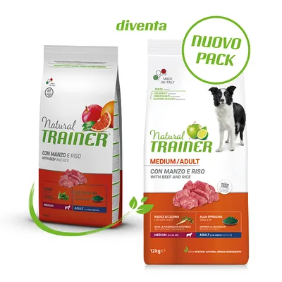 Dva pytle Natural Trainer Medium/Adult s hovězím a rýží, 12 kg. Text: senza coloranti, conservanti, zuccheri aggiunti. Made in Italy. Nové balení, obrázek psa, citrusy, maso.