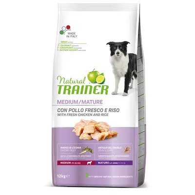 Natural Trainer Medium/Mature hundefoder med frisk kylling og ris, Made in Italy, uden farvestoffer, konserveringsmidler eller tilsat sukker. Til hunde fra 7 år, 12 kg pakke.