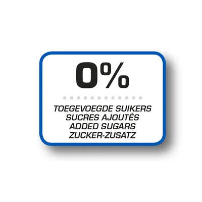 0% tilsat sukker. Bemærkning om ingen tilsat sukker på flere sprog: hollandsk, fransk, engelsk og tysk.