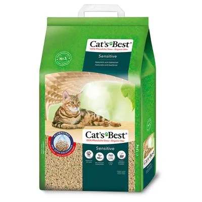 Cat's Best Sensitive 100% plantaardige strooisel, afbeelding van kat op verpakking, iconen voor klontvormend, geurcontrole, zachte korrels, geschikt voor gevoelige katten.