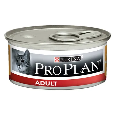 Консерва с етикет Purina Pro Plan, изображение на котка и надпис ADULT. Метална опаковка с отварящ се капак. Консерва с етикет Purina Pro Plan, изображение на котка и надпис ADULT. Метална опаковка с отварящ се капак.