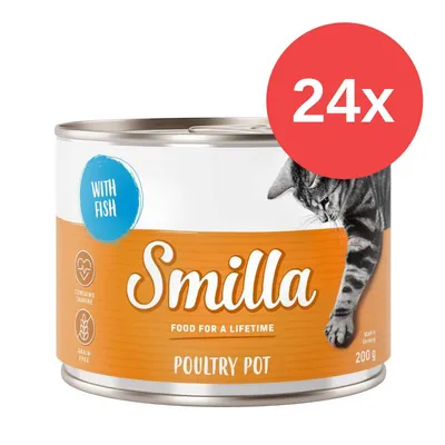 Smilla Poultry Pot mit Fisch, enthält Taurin, getreidefrei, Made in Germany, 200g. Verpackung zeigt Katze. Packungsgröße: 24x.