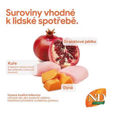 Suroviny vhodné na ľudskú spotrebu: granátové jablko, kuracie mäso z talianskeho voľného chovu bez antibiotík a rastových hormónov, tekvica. Kvalitné bielkoviny pre vyváženú výživu.