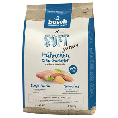 Bosch Soft Junior kuře a batáty, jedno bílkovina, bez obilovin, 70 % čerstvého kuřete, pro psy do 12 měsíců, balení 2,5 kg.