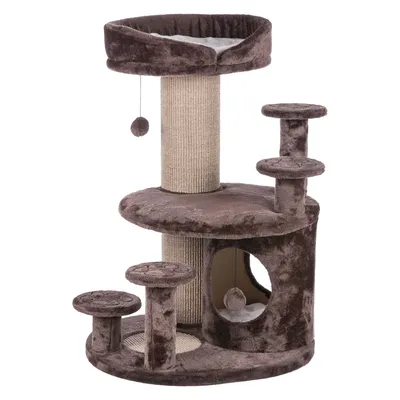 Multi-level scratching post with platforms, a round top bed, sisal scratching column, hanging toys, and a lower enclosed hideaway area.
