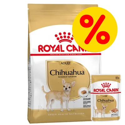 Royal Canin Adult Chihuahua droog- en natvoer, verpakking met afbeelding van een chihuahua en groot geel kortingssymbool (%) zichtbaar op de zak.