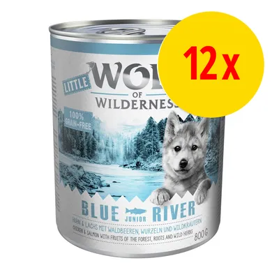 Wolf of Wilderness Blue River Junior natvoer, 12x800g, kip & zalm met bosvruchten, wortels en wilde kruiden. 100% graanvrij staat op het blik.