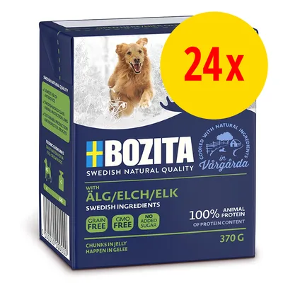 Bozita hondenvoer met eland, 24x370g. Tekst: Swedish natural quality, grain free, GMO free, no added sugar, 100% animal protein, chunks in jelly. Merknaam en Zweedse ingrediënten zichtbaar.