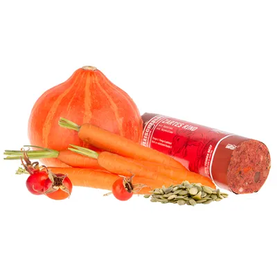 Ruladă de carne cu vită, dovleac, morcovi, măceșe și semințe de dovleac. Ingrediente vizibile: legume și carne proaspete.