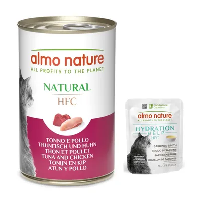12 x 140 g Almo Nature HFC Natural  + 6 x 50 g HFC Hydration Help ingyen! - Tonhal & csirke (12 x 140 g) + szardínialeves & szardínia (6 x 50 g)