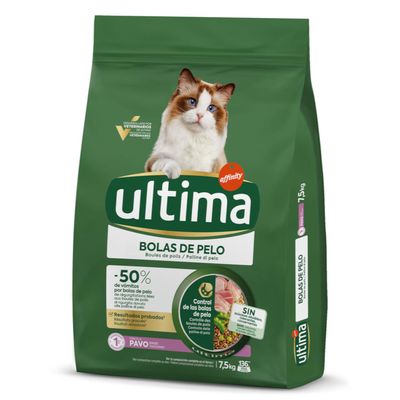 Sac de croquettes pour chat Ultima Affinity, BOLAS DE PELO, 1,5 kg, saveur dinde, légumes, sans colorants ni conservateurs ajoutés. Texte en espagnol sur l'emballage.