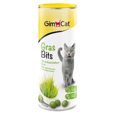 GimCat Gras Bits, с вкусной травой, без добавления сахара, без зерна. На упаковке изображены зеленая трава и серая кошка.