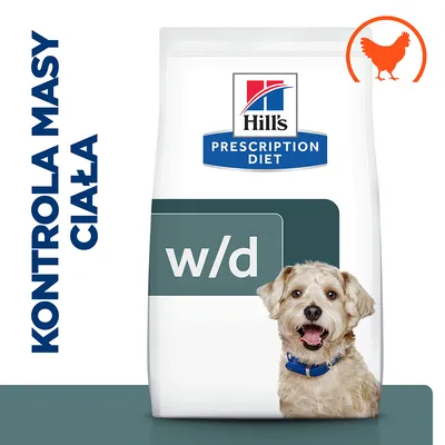 Hill's Prescription Diet w/d, kontrola masy ciała, opakowanie z psem i ikoną kurczaka. Widoczny napis: KONTROLA MASY CIAŁA. Hill's Prescription Diet w/d, kontrola masy ciała, opakowanie z psem i ikoną kurczaka. Widoczny napis: KONTROLA MASY CIAŁA.