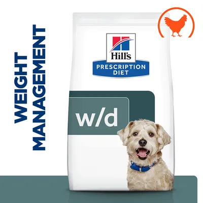 Hill's Prescription Diet w/d food packaging with weight management text and chicken icon shown.