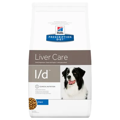 Hill's Prescription Diet Liver Care l/d hondenvoer, Original, afbeelding van hond op verpakking. Tekst: Clinical Nutrition, ondersteunt leverfunctie. Bruine brokjes zichtbaar. Hill's Prescription Diet Liver Care l/d hondenvoer, Original, afbeelding van hond op verpakking. Tekst: Clinical Nutrition, ondersteunt leverfunctie. Bruine brokjes zichtbaar.