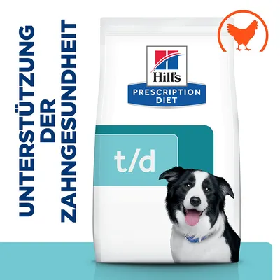 Hill's Prescription Diet t/d Hundefutter zur Unterstützung der Zahngesundheit, mit Hühnchen. Verpackung zeigt einen Hund und ein Symbol für Hühnchen.