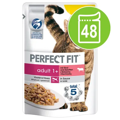 PERFECT FIT adult 1+ kattemad med oksekød og gulerødder i sauce, Vitalität & Fitness, total 5, pakke med 48 stk. Synlig tekst på engelsk, tysk og polsk.