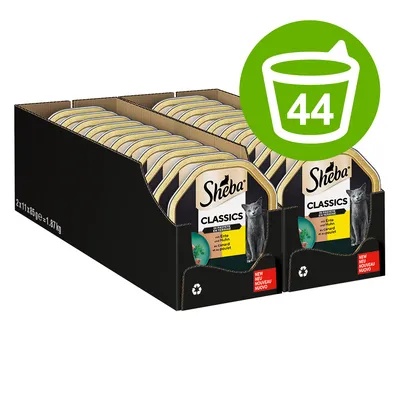 Sheba Classics v paštéte, kačica a kura, balenie 44 ks. Viditeľné kartónové balenie s jednotlivými vaničkami a zelenou ikonou s číslom 44.