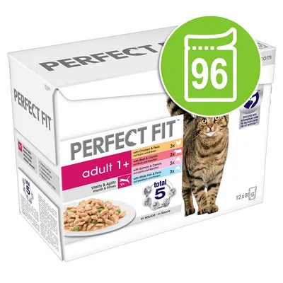 Perfect Fit Adult 1+ kattmat, 12x85g, med kyckling & ärtor, nötkött & morötter, lax & morötter, vitfisk & ärtor. Vitalitet & fitness. Total 5 Formula. 96 portionspåsar.