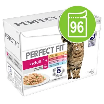 Perfect Fit adult 1+ kattenvoer, total 5, 12x85g. Met kip & erwten, rund & wortel, zalm & courgette, witte vis & groene bonen. Groot groen pictogram met 96 zakjes.