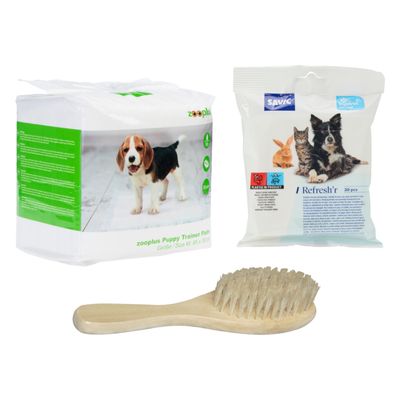 Set con salviette Refresh'r Sensitive Area Cleaning Wipes, tappetini igienici zooplus Puppy Trainer Pads e spazzola in legno per animali. Simbolo percentuale arancione per offerta.