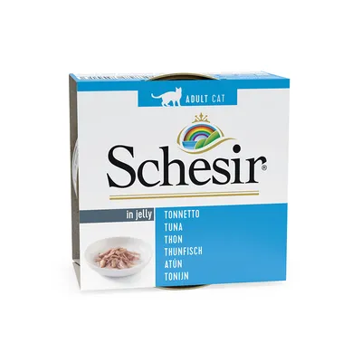 Schesir Adult Cat tuna v žele. Embalaža s sliko izdelka in večjezičnim opisom: Tonnetto, Tuna, Thon, Thunfisch, Atún, Tonijn.