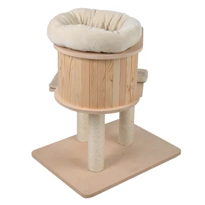 Wooden pet furniture with a round cushioned bed on top, supported by three sisal-wrapped posts and a flat base, featuring a small side platform.