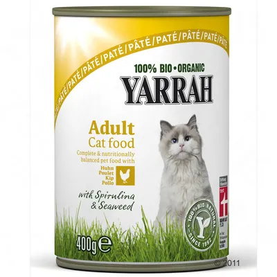 Yarrah 100% Bio Organic Adult Cat food, paté med kylling, spirulina og tang, 400 g. Tekst: Complete & nutritionally balanced pet food with Huhn Poulet Kip Pollo. 100% bio/natural.