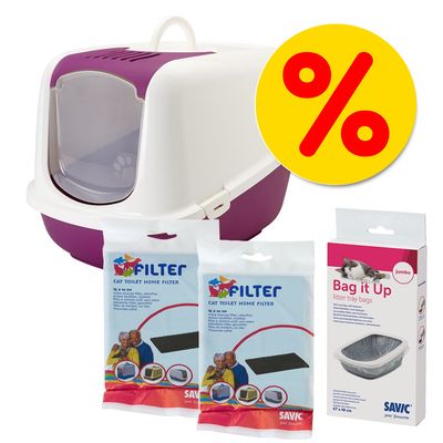 Kattenbak met deksel, 2 zakken Savic Cat Toilet Home Filter en een doos Savic Bag it Up jumbo kattenbakkorreltassen, gele kortingssticker met procentteken zichtbaar.