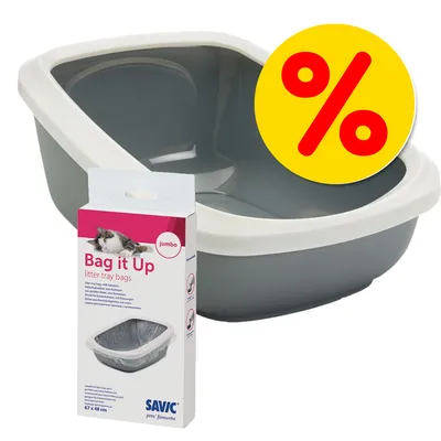 Kattenbak met witte rand en grijze binnenkant, verpakking Savic Bag it Up litter tray bags jumbo 67×48 cm zichtbaar, gele kortingscirkel met rood procentteken.