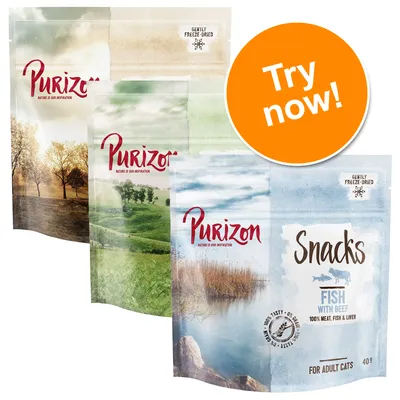 Purizon Snacks Fish with Beef, 100% meat, fish & liver, gently freeze-dried, for adult cats, 40g. Orange badge reads: Try now!