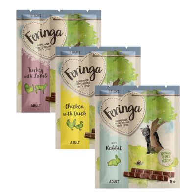 Feringa Sticks macska jutalomfalat csomag: Chicken with Duck, Salmon & Trout, Turkey with Lamb. Grain free recipe, 18 g, akciós százalékjel látható.