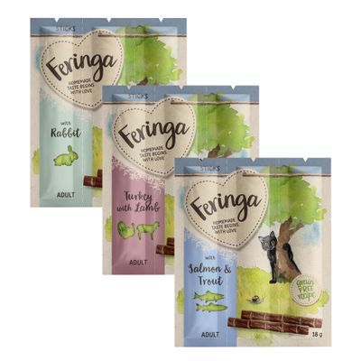 Feringa Sticks macska jutalomfalat csomag: Chicken with Duck, Salmon & Trout, Turkey with Lamb. Grain free recipe, 18 g, akciós százalékjel látható.