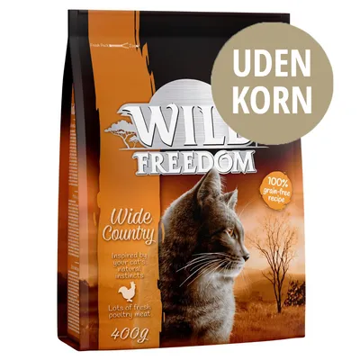 Wild Freedom Wide Country kattefoder, 400 g. Tekst: UDEN KORN, 100% grain-free recipe, Inspired by your cat's natural instincts, Lots of fresh poultry meat. Wild Freedom Wide Country kattefoder, 400 g. Tekst: UDEN KORN, 100% grain-free recipe, Inspired by your cat's natural instincts, Lots of fresh poultry meat.