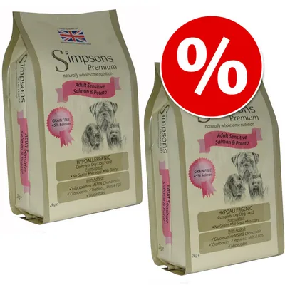 Dwie torby karmy Simpsons Premium Adult Sensitive Salmon & Potato 2 kg, oznaczenie promocji procentowej na czerwonym tle. Widoczne napisy: hypoallergenic, grain free 45% salmon.