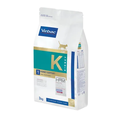 Virbac Veterinary HPM Kidney Support pour chats, 3 kg. Soutient en cas d’insuffisance rénale. Tableau d’alimentation et analyse visibles sur l’emballage.