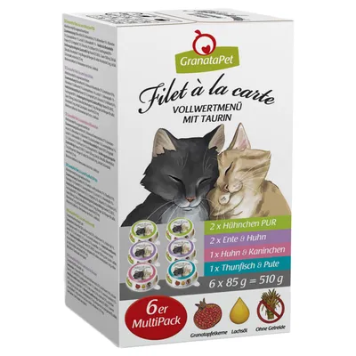 GranataPet Filet à la carte, multipack 6 x 85 g: 2x pollo puro, 2x anatra e pollo, 1x pollo e coniglio, 1x tonno e tacchino. Con semi di melagrana, olio di salmone, senza cereali.