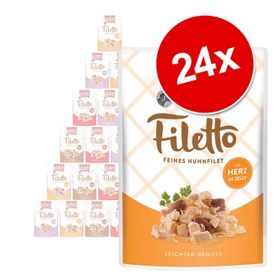 Rinti Filetto Feines Huhnfilet, met hart in jelly, voordeelverpakking 24x. Grootverpakking natvoer met zichtbare stukjes kip en hart op de verpakking.
