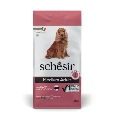 Schesir Medium Adult, croquettes pour chien avec jambon, 1 seule protéine animale, biotine, sac de 12 kg. Texte en anglais et italien visible sur l'emballage.