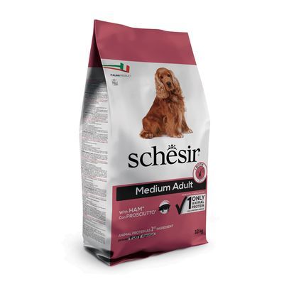 Schesir Medium Adult hondenvoer met ham, afbeelding van een bruine hond op de verpakking. Tekst: Only 1 animal protein, 12 kg.