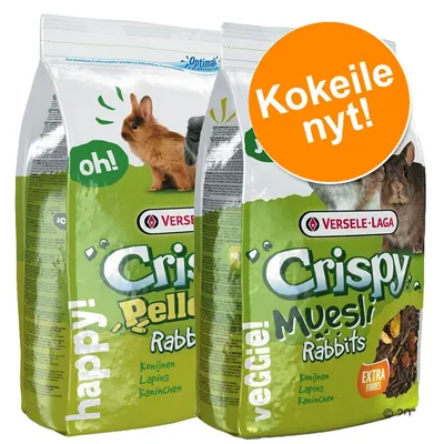 Versele-Laga Crispy Pellets Rabbits ja Crispy Muesli Rabbits -kaninruokapakkaukset, oranssi ympyrä tekstillä 'Kokeile nyt!'. Versele-Laga Crispy Pellets Rabbits ja Crispy Muesli Rabbits -kaninruokapakkaukset, oranssi ympyrä tekstillä 'Kokeile nyt!'.