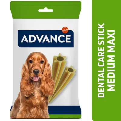 Paquet de sticks dentaires Advance affinity, illustration de bâtonnets et texte vertical « DENTAL CARE STICK MEDIUM MAXI » sur fond vert à droite. Paquet de sticks dentaires Advance affinity, illustration de bâtonnets et texte vertical « DENTAL CARE STICK MEDIUM MAXI » sur fond vert à droite.