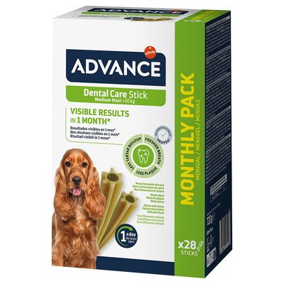 Boîte Advance Dental Care Stick Medium-Maxi +10 kg, pack mensuel x28 sticks. Texte : résultats visibles en 1 mois, moins de tartre, haleine fraîche, moins de plaque.