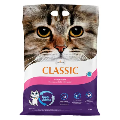 Intersand Classic άμμος γάτας με άρωμα παιδικής πούδρας, Triple Action: έλεγχος οσμής, ισχυρή συσσωμάτωση, χωρίς σκόνη. Συσκευασία 14 kg.