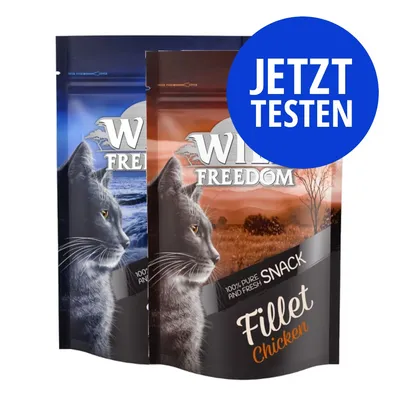 Wild Freedom Fillet Chicken Snack, 100% pure and fresh, zwei Beutel mit Katzenmotiv. Blauer Kreis mit Text: JETZT TESTEN.